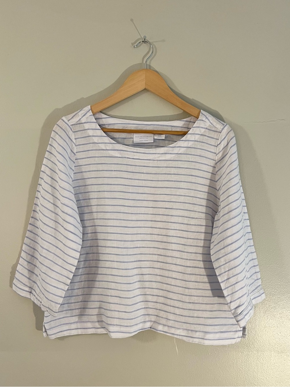 Martha Stewart blue white striped linen relaxed top coastal nautical summer
